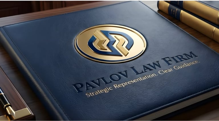Blue leather folder with Pavlov Law Firm logo and tagline on desk with rolled documents