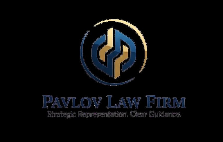 Pavlov Law Firm logo featuring gold and blue interlocking design with circular border and company name tagline below